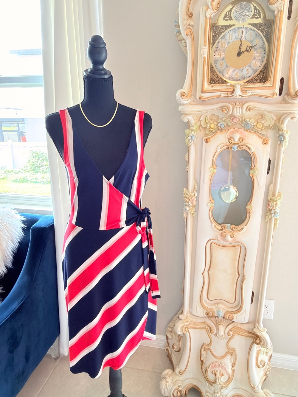 Express Navy, Red & White Striped Wrap Midi Dress